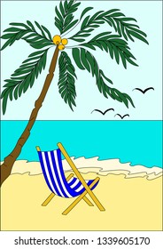 Illustration with the image of the beach, palm trees and sun lounger.