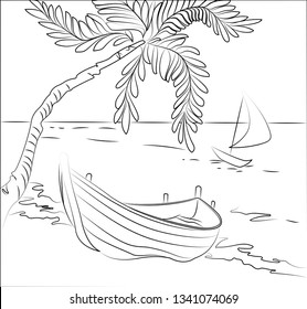Illustration with the image of the beach, palm trees and sun lounger.