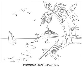 Illustration with the image of the beach, palm trees and sun lounger. Rest by the ocean.