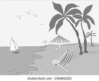 Illustration with the image of the beach, palm trees and sun lounger. Rest by the ocean.