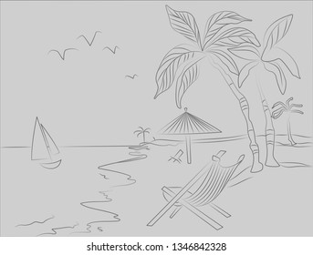 Illustration with the image of the beach, palm trees and sun lounger. Rest by the ocean.