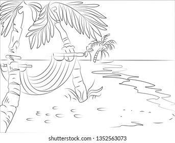 Illustration with the image of the beach, palm trees and sun lounger. Rest by the ocean.