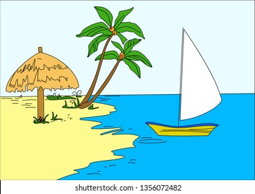 Illustration with the image of the beach, palm trees and sun lounger. Rest by the ocean.