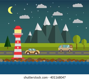 Illustration with the image of a beacon on the seashore with the road and mountains