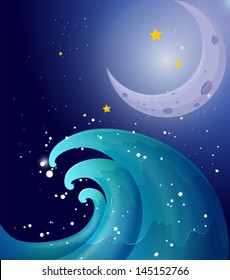 Illustration of an image of a big wave and a moon