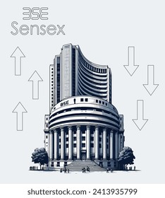 Ilustración del edificio SENSEX en blanco y negro escrito con el logotipo de Bse SENSEX