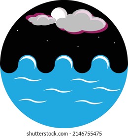 illustration image of blue sea with night sky in circle frame