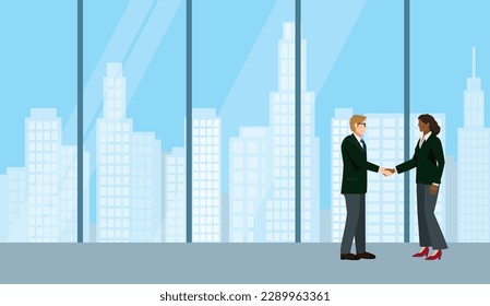 Illustration of the image of a business negotiation. A man and a woman shaking hands.