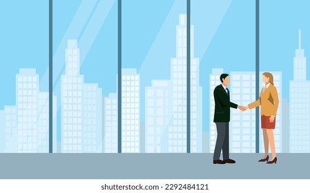 Illustration of the image of a business negotiation. A man and a woman shaking hands.