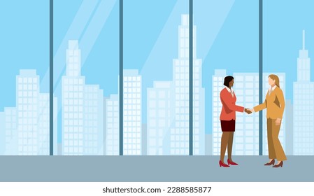 Illustration of the image of a business negotiation. Woman and woman shaking hands.