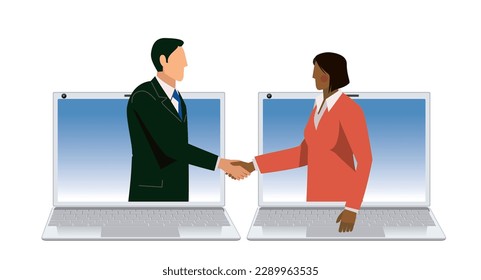 Illustration of an image of a business online negotiation. Businessman shaking hands on a computer screen