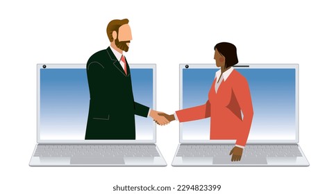 Illustration of an image of a business online negotiation. Businessman shaking hands on a computer screen