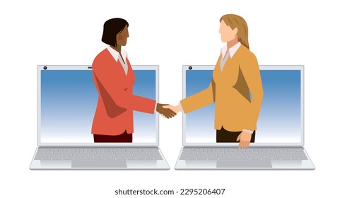Illustration of an image of a business online negotiation. Businessman shaking hands on a computer screen
