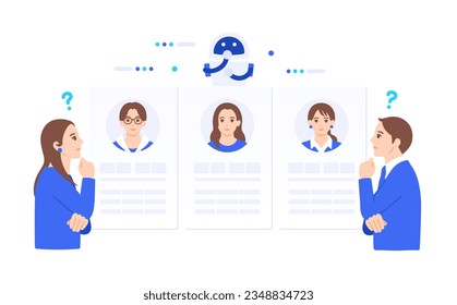 Illustration of an image of a business person struggling with selection, using AI data to compare customers.