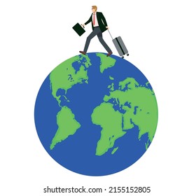 Illustration of the image of a businessman holding a suitcase that crosses the earth. Overseas business trip, 8 life-long white men