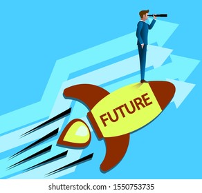 The illustration image of the businessman standing on the rocket or spaceship., The concept of modern life, business, city life and internet of things.