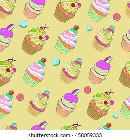 illustration with the image of cakes. Bright multi-colored pattern on a ocher beige background