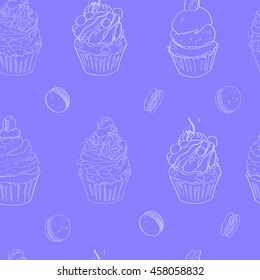 illustration with the image of cakes. pattern made white outline on a bright blue background