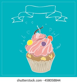 illustration with the image of cakes and ribbons on a turquoise background
