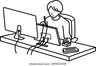 Illustration of an image of cartoon production on an LCD tablet, line drawing.