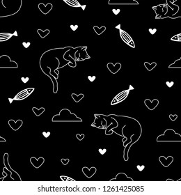 illustration with the image of cats, fish and hearts. black and white pattern