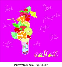illustration with the image of a cocktail with fruit and cocktails titles