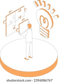 Illustration of an image of coming up with an idea and putting together a puzzle