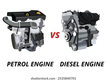 Ilustração da imagem compara um motor a gasolina e um motor diesel. Ilustração plana de vetor