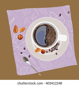 Illustration with the image of a cup of coffee, coffee beans and nuts on a saucer