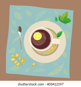Illustration with the image of a cup of tea, the leaves and berries on a saucer
