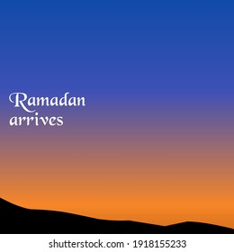 Illustration image of dusk scenery and writing of Ramadan arriving