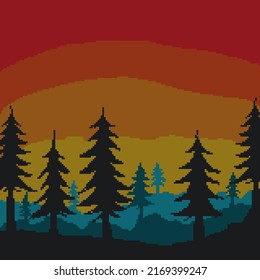 illustration image of fir forest in the afternoon with orange sky