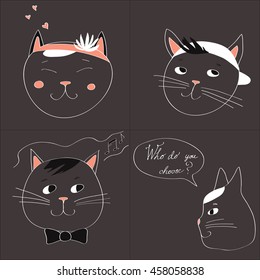 Illustration with the image of four cats and text Who do you choose on a gray background