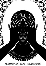 the illustration with the image of a girl covering her face with her hands on the background of an openwork ornament represents the deity