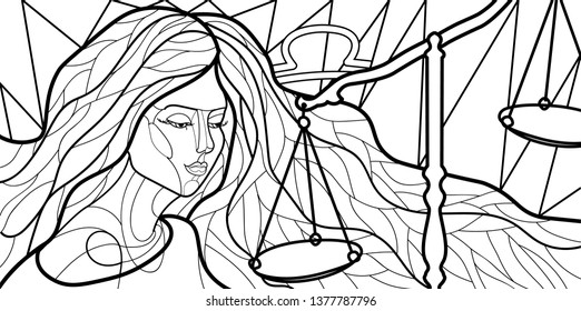 illustration with the image of a girl personifying the zodiac sign Libra, in the style of stained Glass