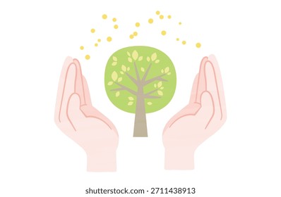 Ilustração de uma imagem de uma árvore verde sendo abraçada com ambas as mãos