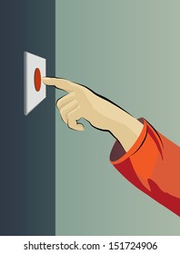 Illustration with the image of a hand and a red button