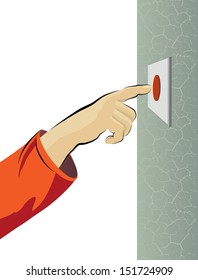 Illustration with the image of a hand and a red button