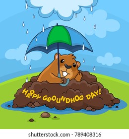 Illustration of the image "Happy Groundhog Day" with the inscription. Postcard for design on holiday. A sad marmot sits under an umbrella is raining.