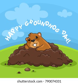 Illustration of the image "Happy Groundhog Day" with the inscription. Postcard for design on holiday. The marmot got out of the hole and sits bored and thinks.