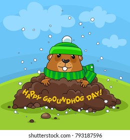 Illustration of the image "Happy Groundhog Day" with the inscription. Postcard for design on holiday. The marmot in the hat and scarf climbed out of the hole, it's cold and it's snowing.