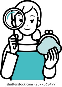 Illustration of image of housewife investigating insurance and saving.