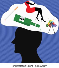 Illustration of an image of a human head over which various man's thoughts soar