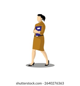 Illustration image of an independent female civil servant teacher or career woman walking to school while holding her book, suitable for illustration images of articles and news.