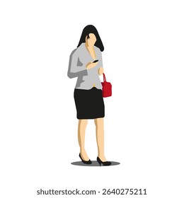 Illustration image of an independent female employee or career woman walking to the office while checking her cellphone, suitable for illustration images of articles and news.