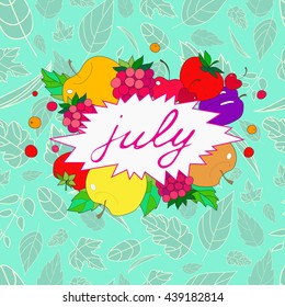 illustration with the image of july labels in frame of fruits and berries on a blue pattern background