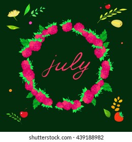 illustration with the image of july lettering in the frame of raspberries on a dark green background