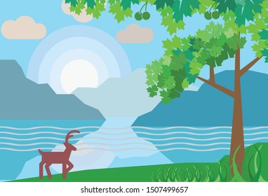Illustration image of a lake view with a mountain background
