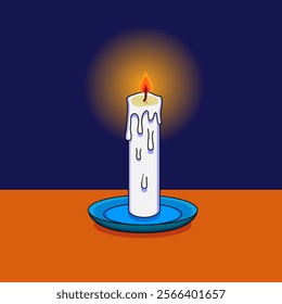 Illustration image of a lit white candle placed on a blue plate with dark navy background. The candle wax is dripping, with a warm orange glow radiating from the flame.