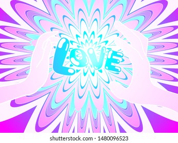 illustration with the image of male and female hands that hold the word love on a bright background, pop art style	